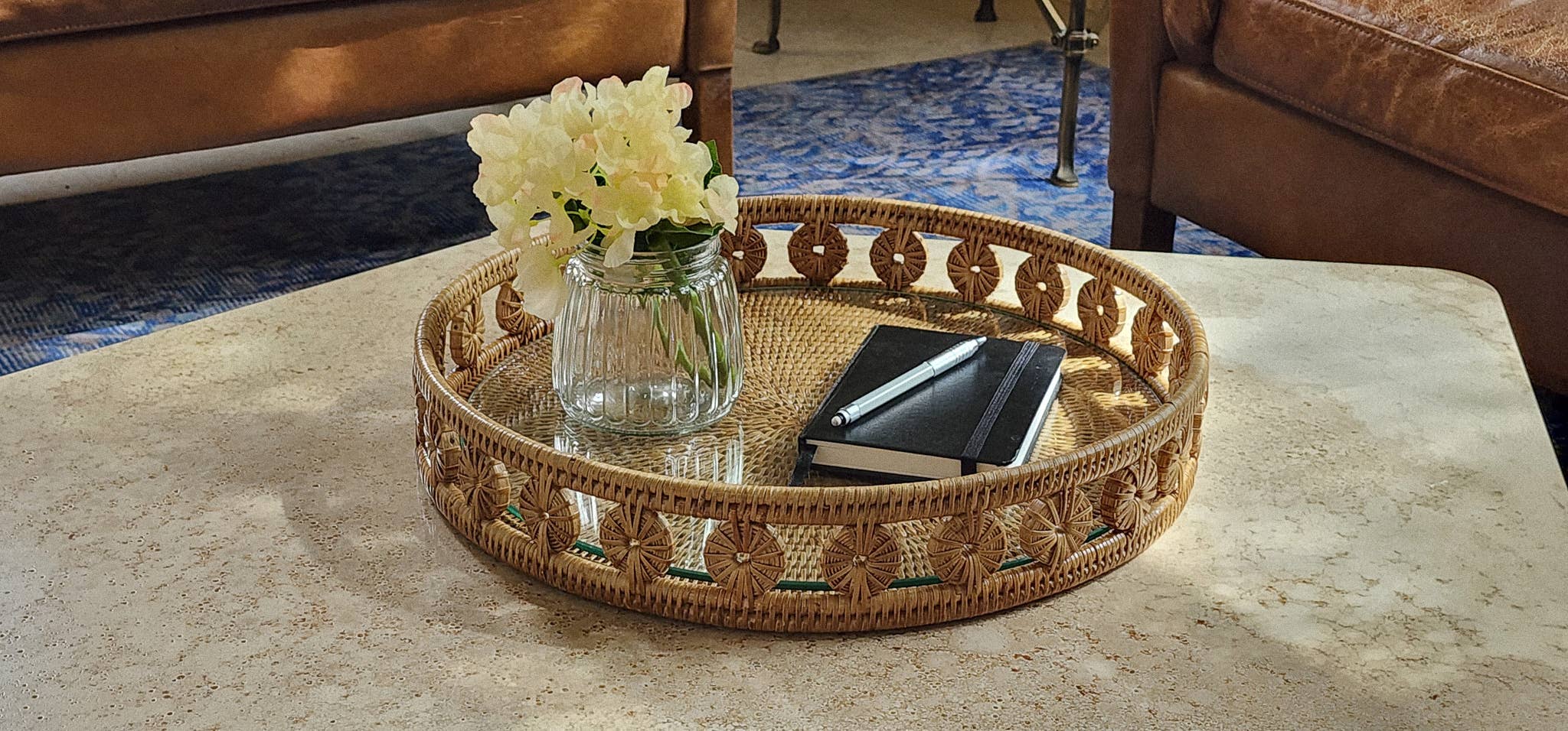 Artifacts Trading Company - Wholesale Decorative Tray - Rattan Round Tray with Glass insert – Decorative Serveware0
