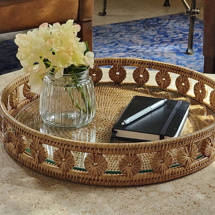 Artifacts Trading Company - Wholesale Decorative Tray - Rattan Round Tray with Glass insert – Decorative Serveware