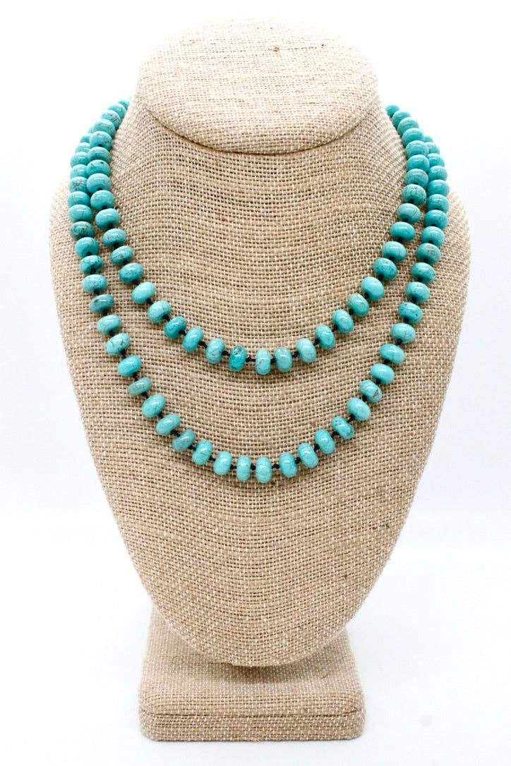 LIZOU - Wholesale Beaded/Pearl Necklace - Hand-Knotted Long Turquoise Rondelle Bead Necklace - NL-TQ10