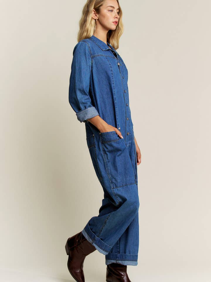 Lara Daisy - Vendita all'ingrosso Tuta intera - Donna - Tuta in denim rilassata con colletto e bottoni.2