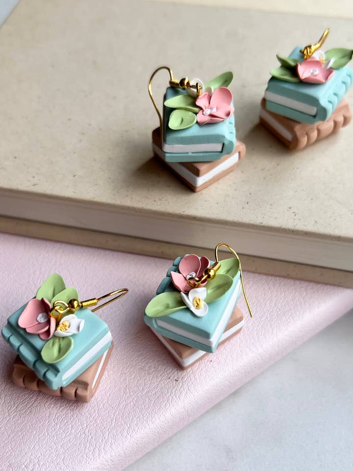 The Page | Floral Book Stack Clay Earrings for wholesale by Cascade Designs