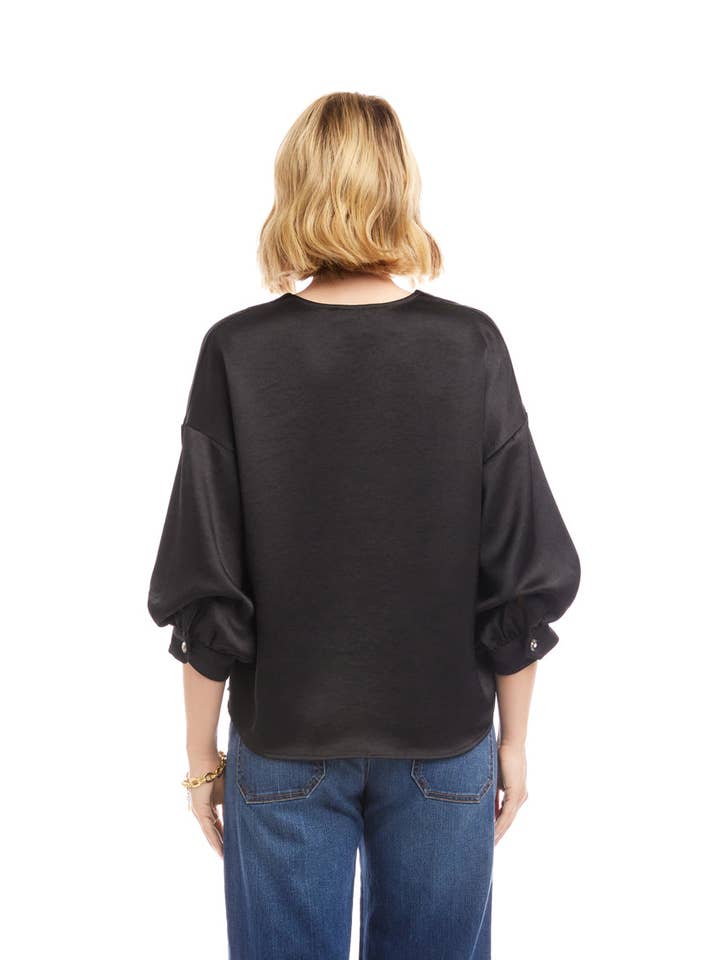 Black Lantern Sleeve Crystal Rhinestone Button Satin Top for wholesale on Faire3