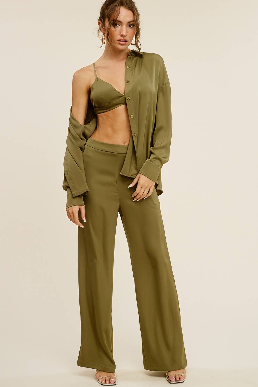 Olive Silk Effect Three Piece Matching Set for wholesale on Faire3