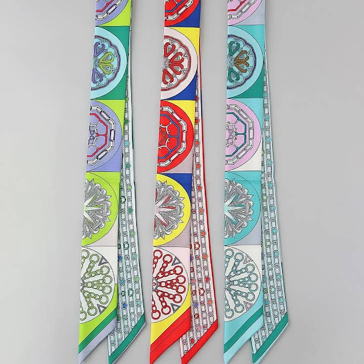 Colorful Circle Motif Abstract Pattern Printed Twilly Skinny Scarf for wholesale by Sensibling Corp.