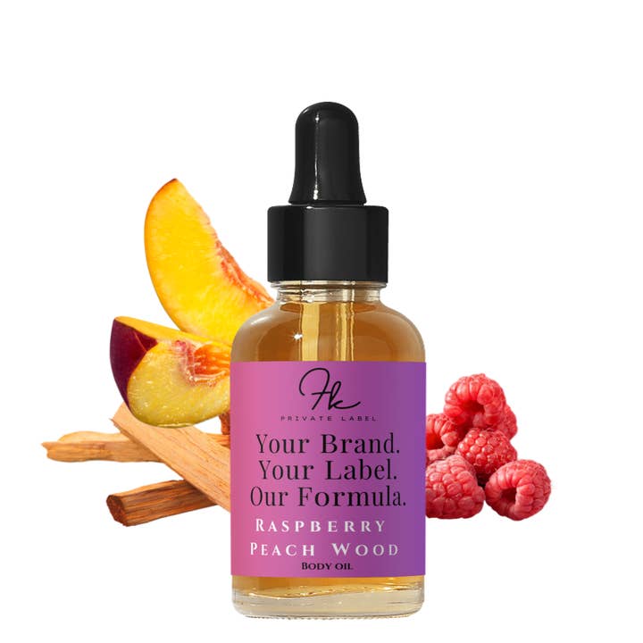 Raspberry Peach Wood Body Oil for wholesale by FK Private Label Labs