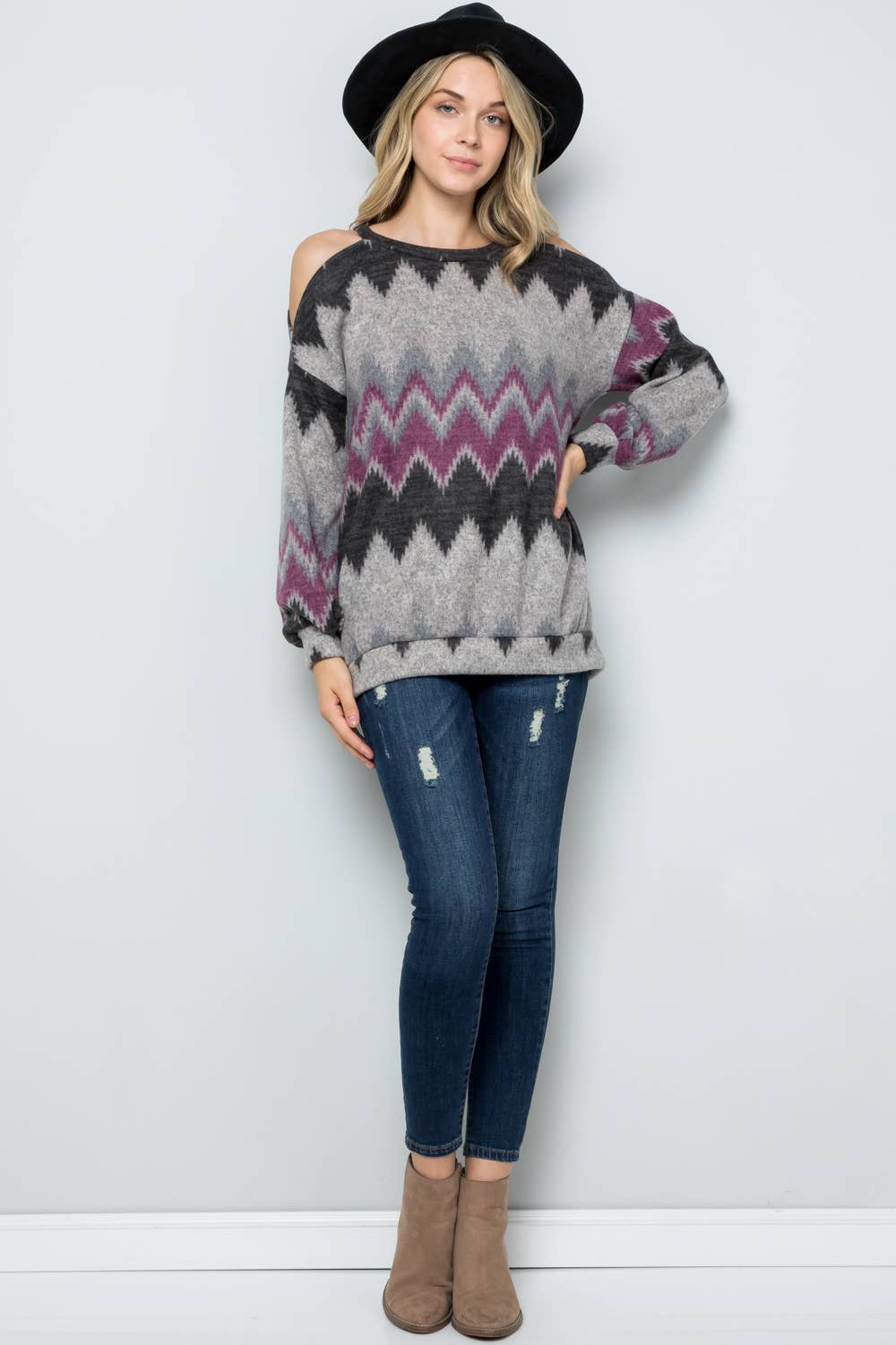 Charcoal Purple OPEN SHOULDER LONG SLEEVE TOP -CT43644E for wholesale on Faire4