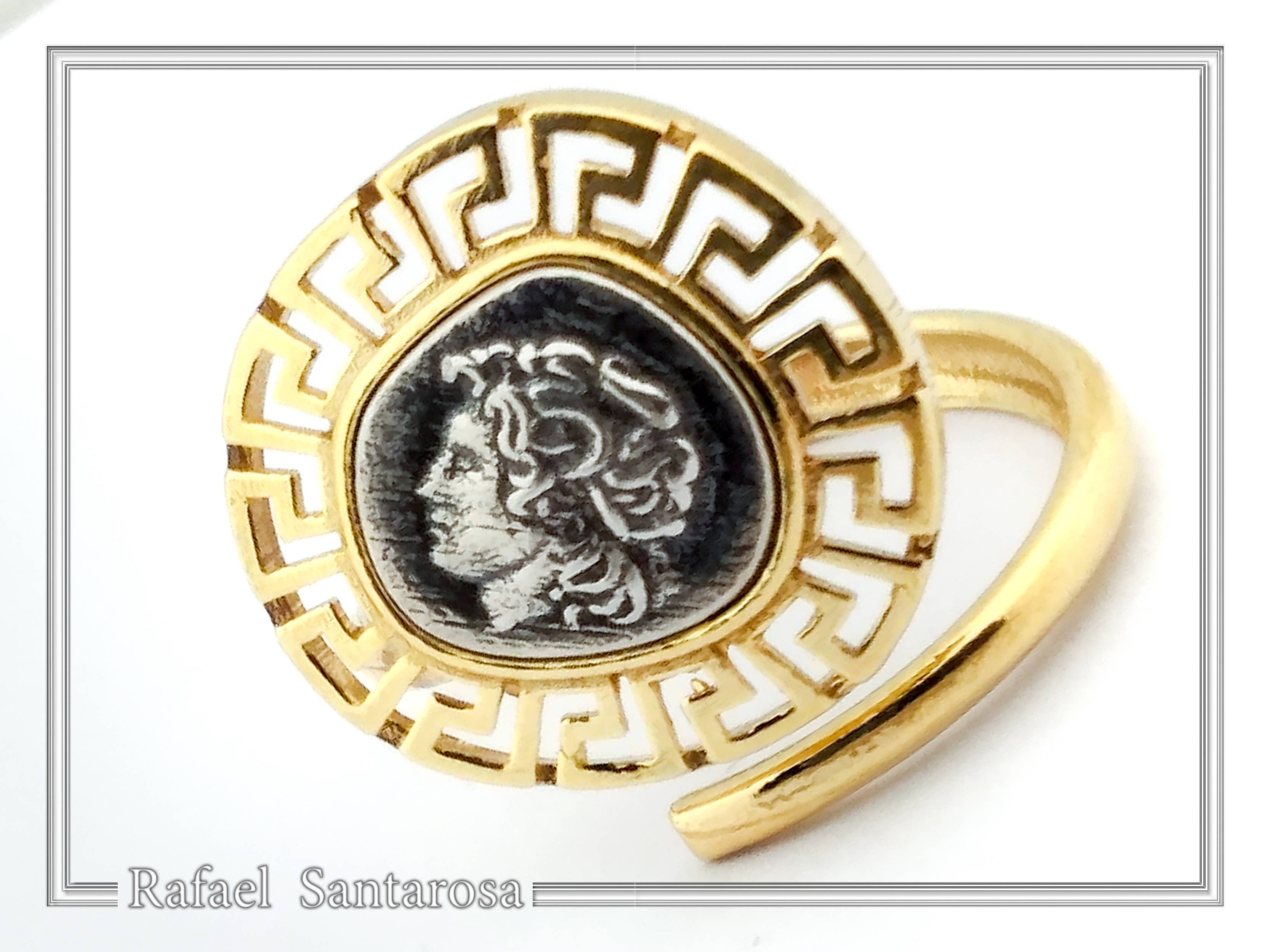 RAFAEL SANTAROSA - Venta al por mayor Anillos grandes/de cóctel - Anillo ajustable de Alejandro Magno, moneda griega sobre plata2