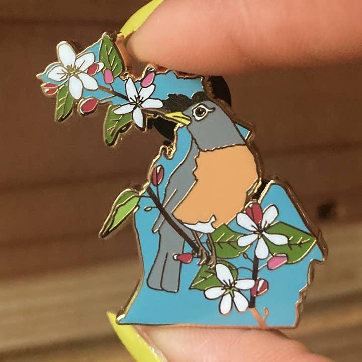 American Robin + Apple Blossom Michigan Enamel Pin for wholesale by Adele by Adele Jackson