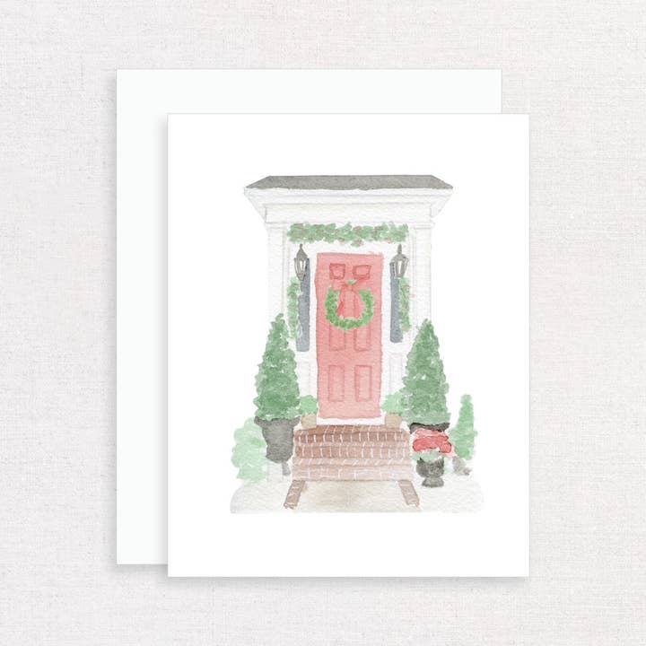 Festive Front Door Watercolor Christmas Greeting Card for wholesale by Korynne and Company
