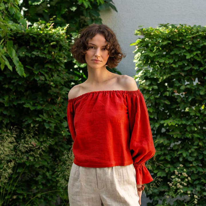 menique - Wholesale Blouse - Women's - Off Shoulder Linen Top with Ruffles Jessica Summer Boho Top