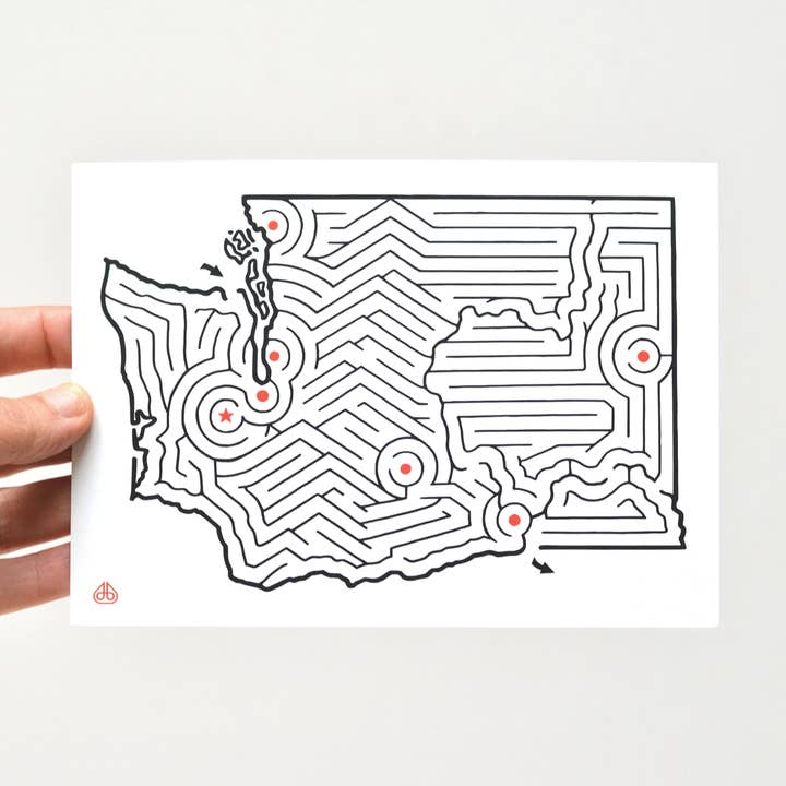 5x7 Washington Map State Maze Postcard Print for wholesale by Imaginary Animal