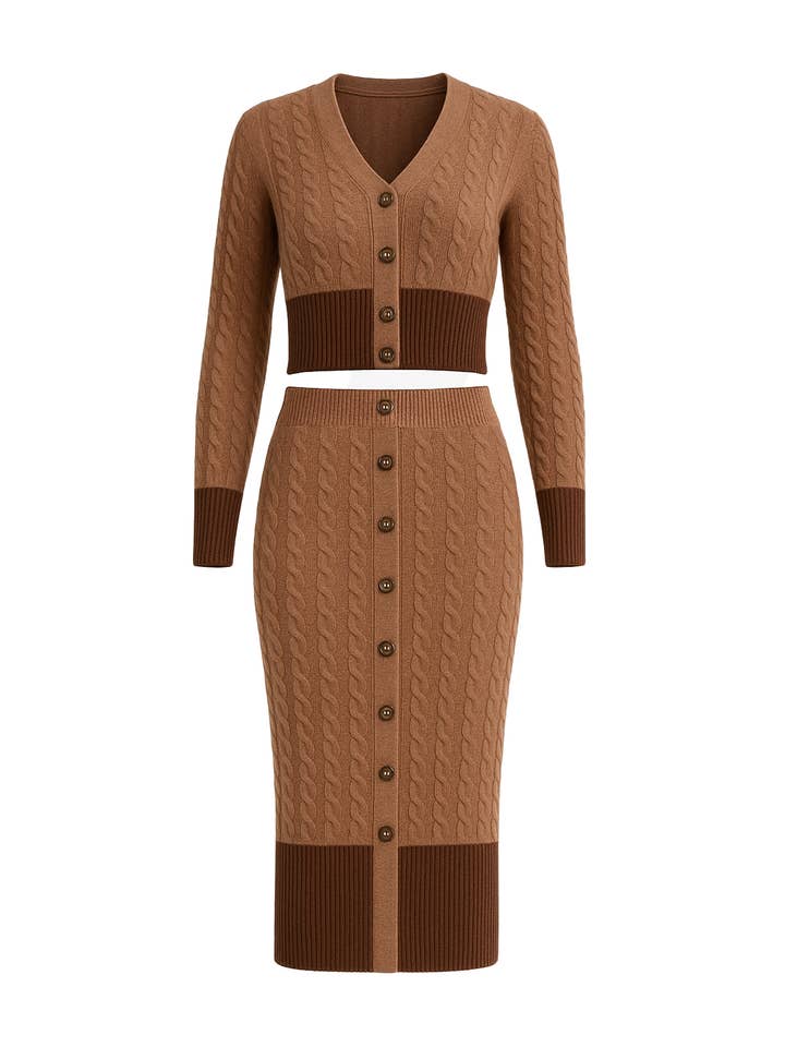 Strikket Colorblock Cardigan og Midi-nederdelsæt for engroshandel hos RIVIR