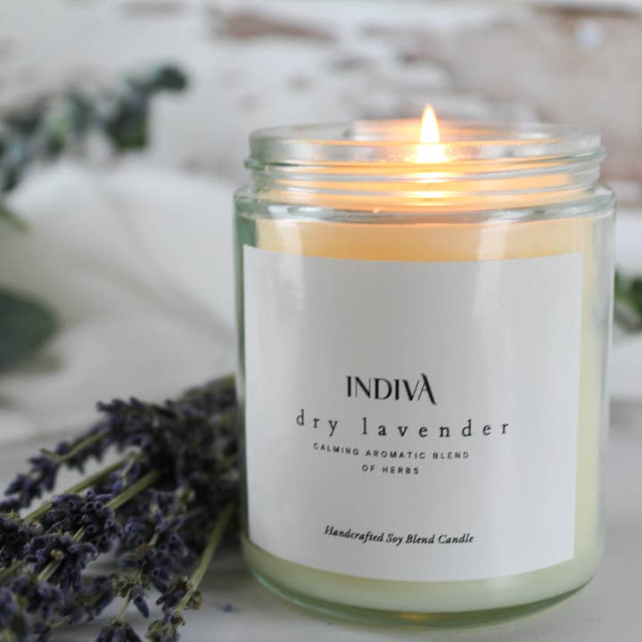 Dry Lavender 8 oz Clear Jar Soy Candle for wholesale by Indiva Fragrance Studio