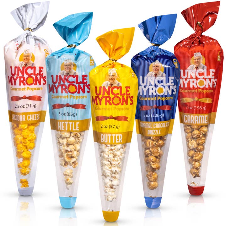 Snacks à pop-corn Uncle Myron's Gourmet, 50 sachets de collations variés (cornet cadeau), maïs soufflé au caramel, filet de chocolat au caramel, maïs soufflé au cheddar, maïs soufflé au beurre et maïs soufflé à la bouilloire pour la vente par Uncle Myron's Gourmet Popcorn
