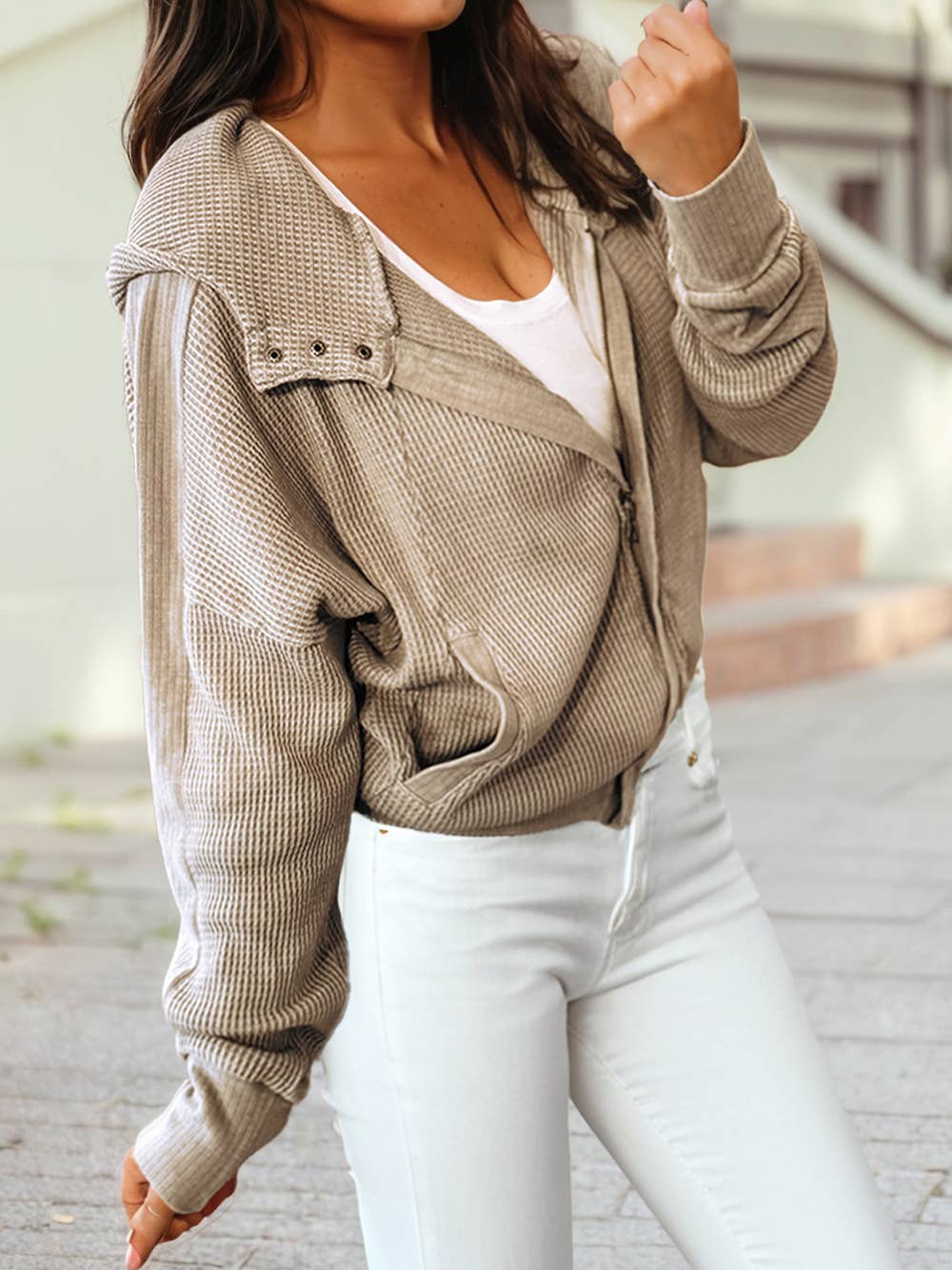 1 the Woman - Wholesale Jacket - Women's - Waffle Splicing Zip Up Front Button Hooded Jacket1