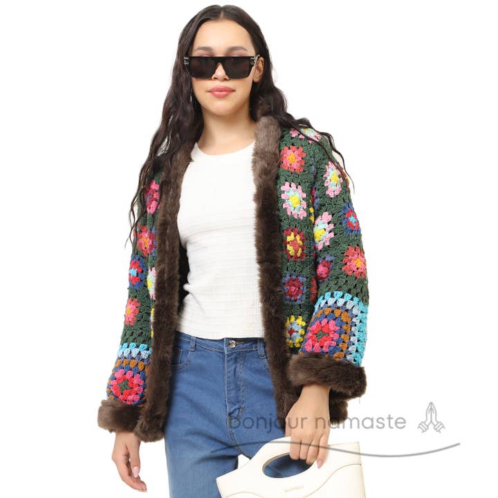 Handwoven Wool Crochet Patchwork Jacket with Faux Fur for wholesale by Bonjour Namaste