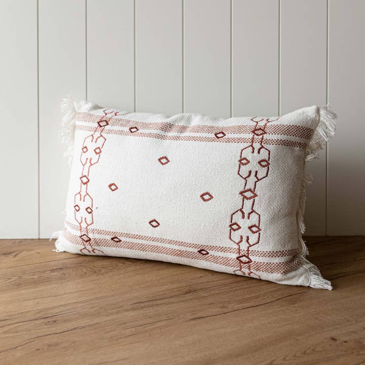 Inez 14x22 Hand Woven Red Embroidered Filled Pillow Cotton for wholesale by Foreside Home & Garden