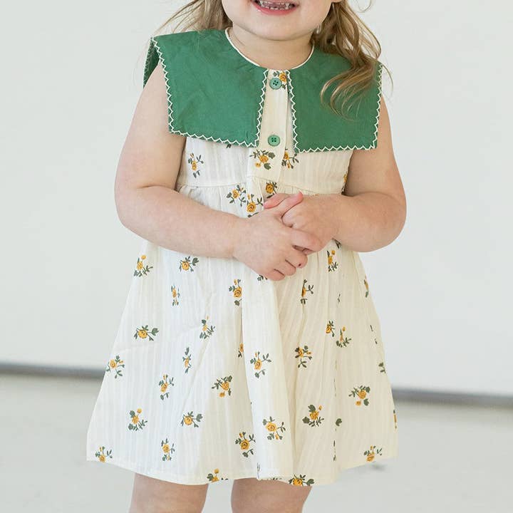 Girl's Ivory and Green Floral Spring Dress with Green Square Collar for wholesale by cuteheads
