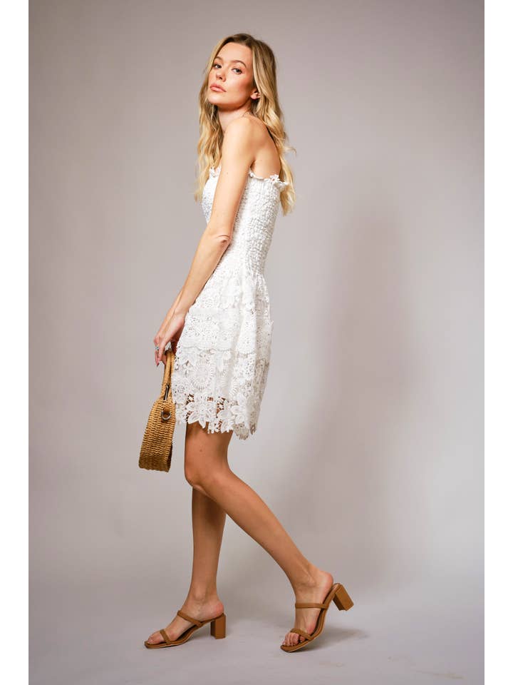 OFF WHITE 36861D - Strapless Shirred Guipure Lace Mini Dress for wholesale on Faire6