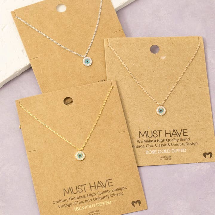 Gold Dipped Cz Trim Evil Eye Coin Necklace for wholesale by Fame Accessories