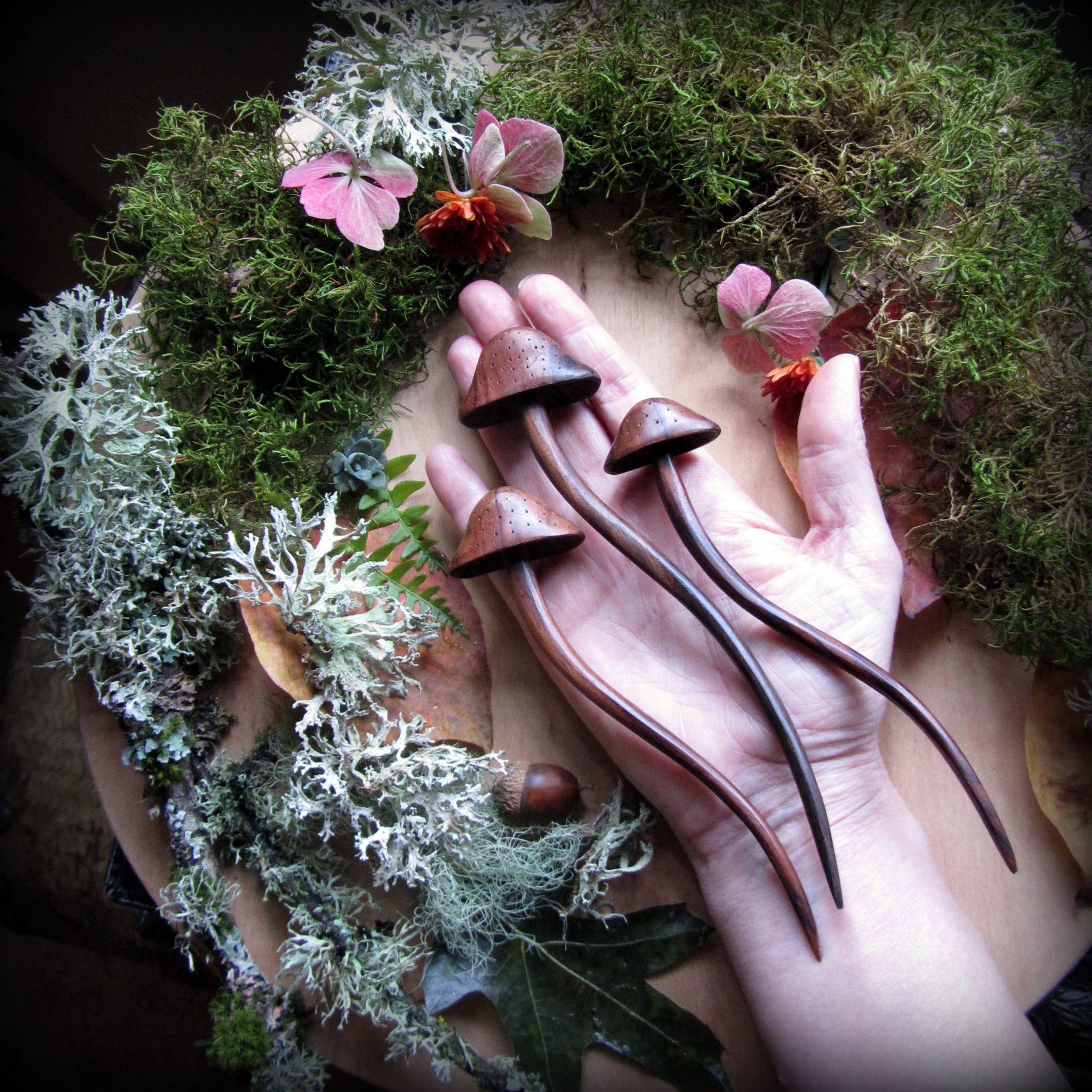 Talismana Designs - Wholesale Hair Pin - natural carved wood mushroom hair stick1