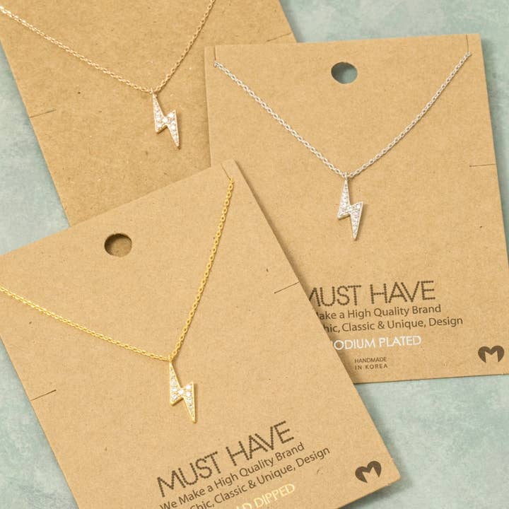 Fame Accessories - Wholesale Pendant/Charm Necklace - Gold Dipped Pave Lightning Bolt Pendant Necklace0