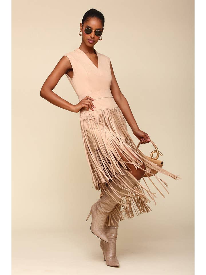Biscuit Faux Suede Tiered Fringe Midi Dress for wholesale on Faire3