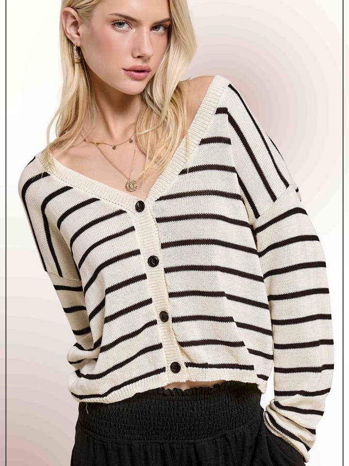 MDS3611-Relaxed Striped Summer V Neck Button Down Cardigan for wholesale by La Miel