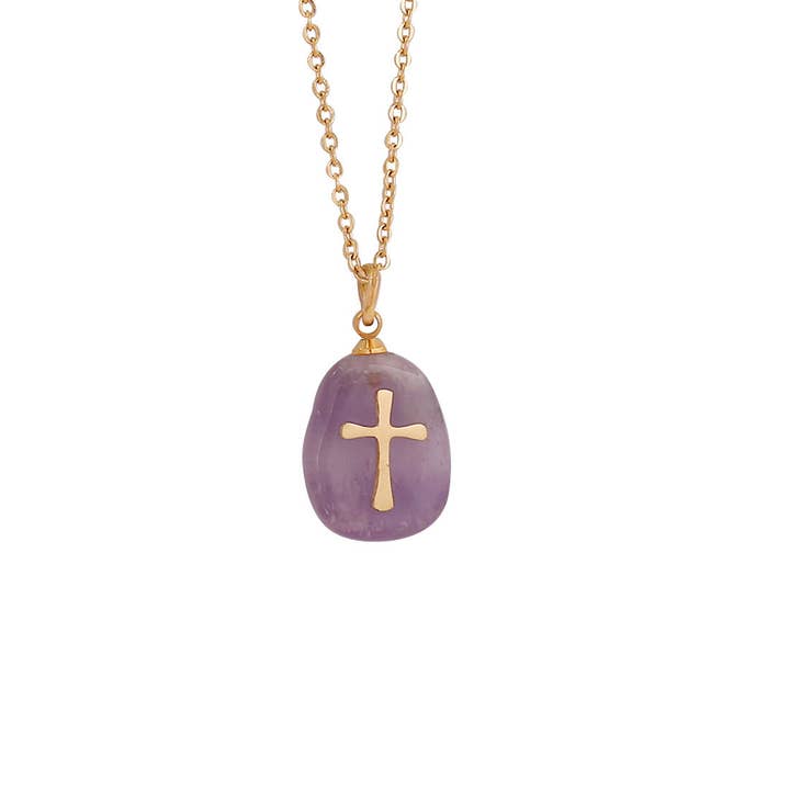 Mio Queena - Wholesale Pendant/Charm Necklace - Natural Stone Stainless Steel Cross Pendant Necklace - CS
