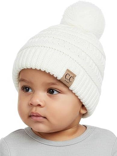 Baby Single Pom Beanie (Ivory) for wholesale by Funky Junque