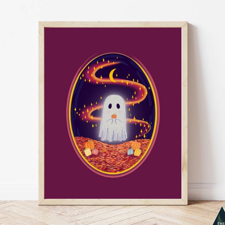 Ghostly Pumpkin Picking Art Print for wholesale by Fern and Skye