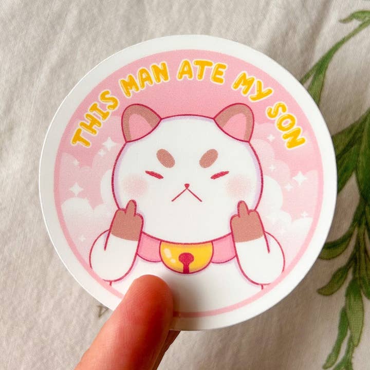 This Man Ate My Son Puppycat Sparkle Sticker for wholesale by Hollandaize Art