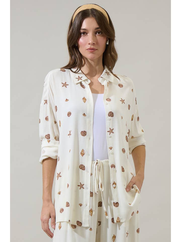 IVORY BROWN Cerise Shells Dalton Boyfriend Button Down Shirt for wholesale on Faire