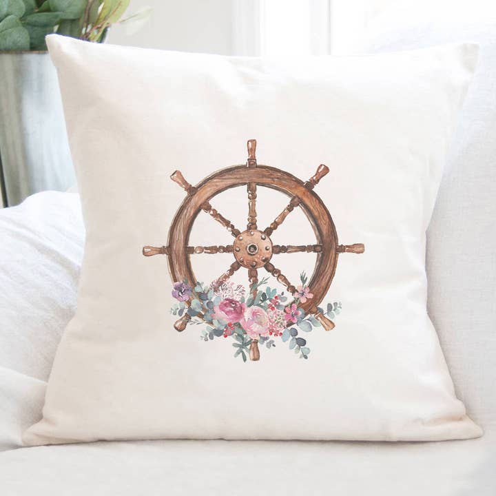 Aquarell Blumen Schiffsrad - Quadratisches Segeltuch-Kissen für den Großhandel von Cottage Shore