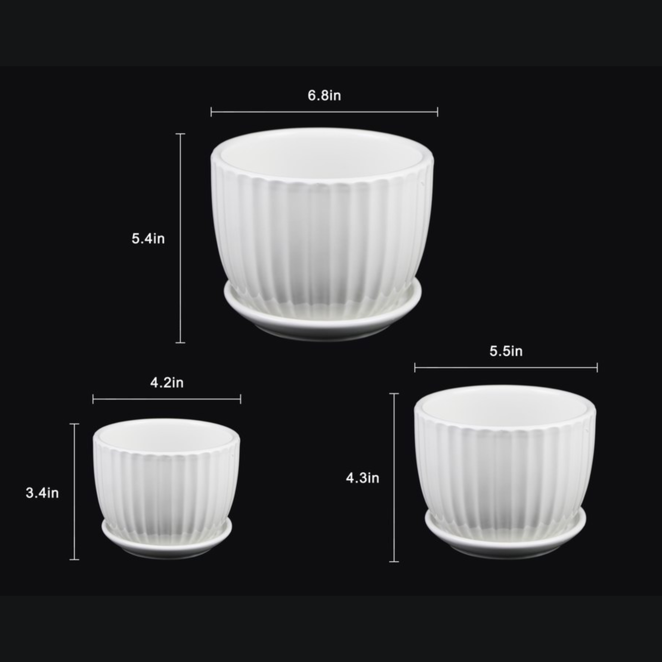 Florinia - Wholesale Plant Pot - 3-Piece White Ceramic Planter Pot Set with Vertical Fluted Design & Matching Saucers4