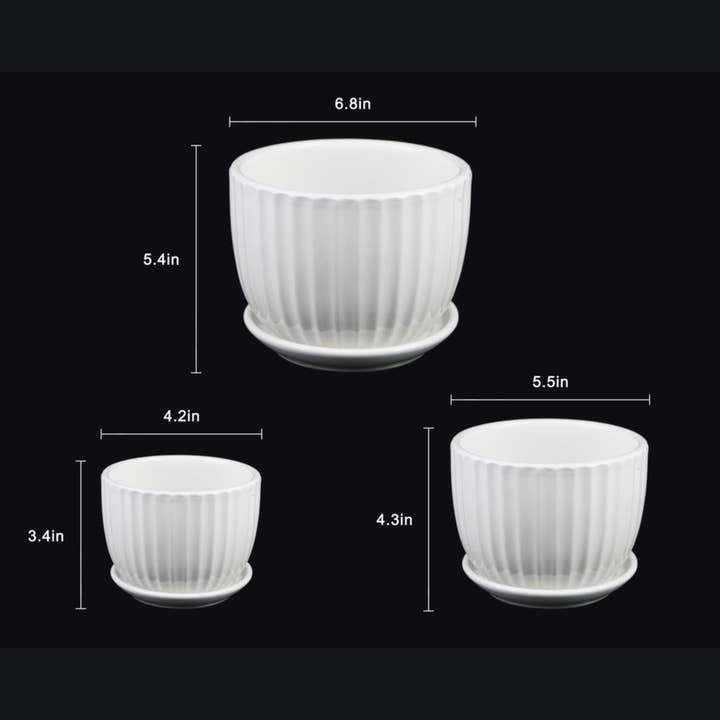 Florinia - Wholesale Plant Pot - 3-Piece White Ceramic Planter Pot Set with Vertical Fluted Design & Matching Saucers4
