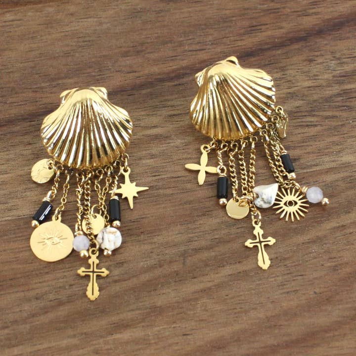 E24305 Stone/Pearl Charm Shell Theme Stainless Steel Earring for wholesale by Pretty Persuasions
