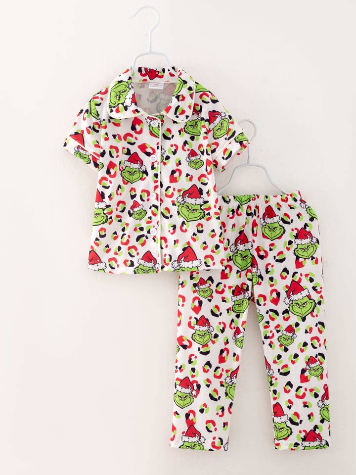 littleoneusa - Wholesale Sleepwear Set - Kids - Christmas Grinch Leopard Girl Pajamas Sleepwear Kids Clothes