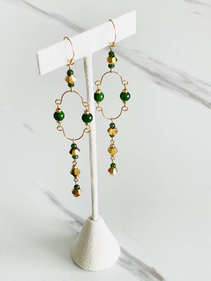 Arches Chandelier Earrings in Gold and Moss Green for wholesale by Hand Art Soul