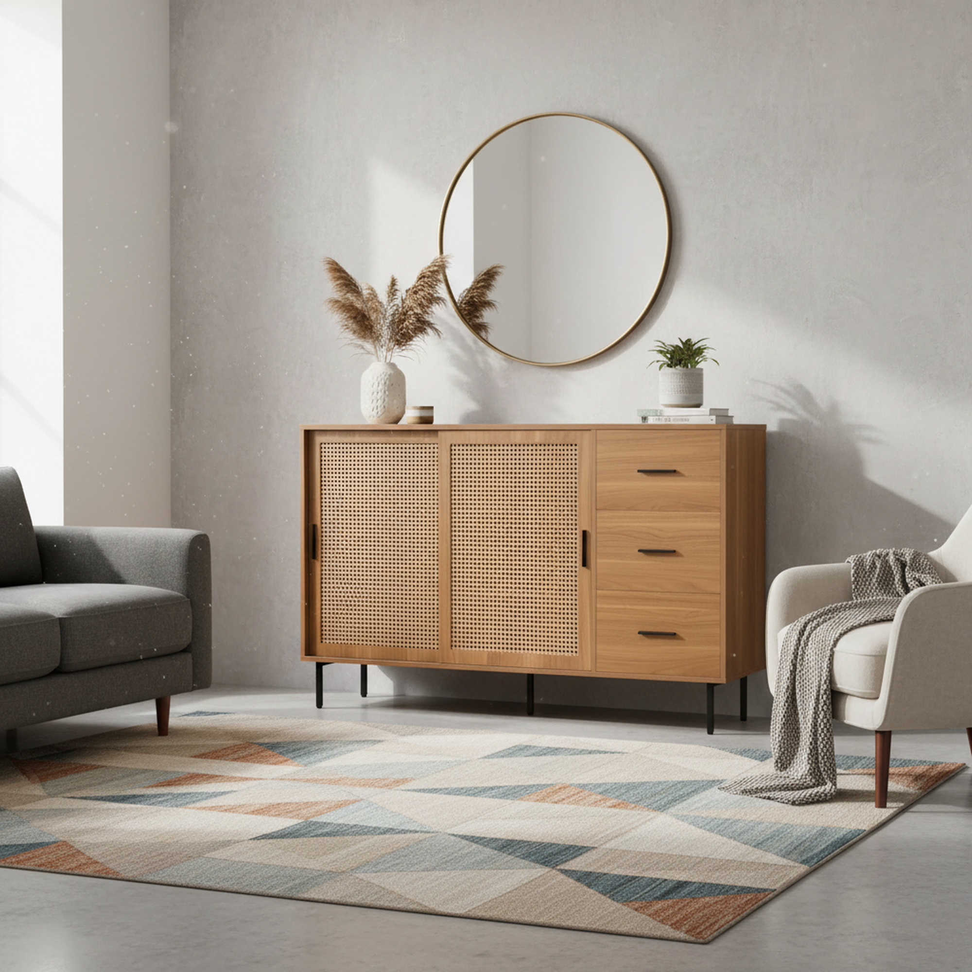 Urban Meuble - Wholesale Cabinet - Vintage sideboard with wood effect, 2 sliding doors in woven rattan, and 3 drawers PROPOLIS1