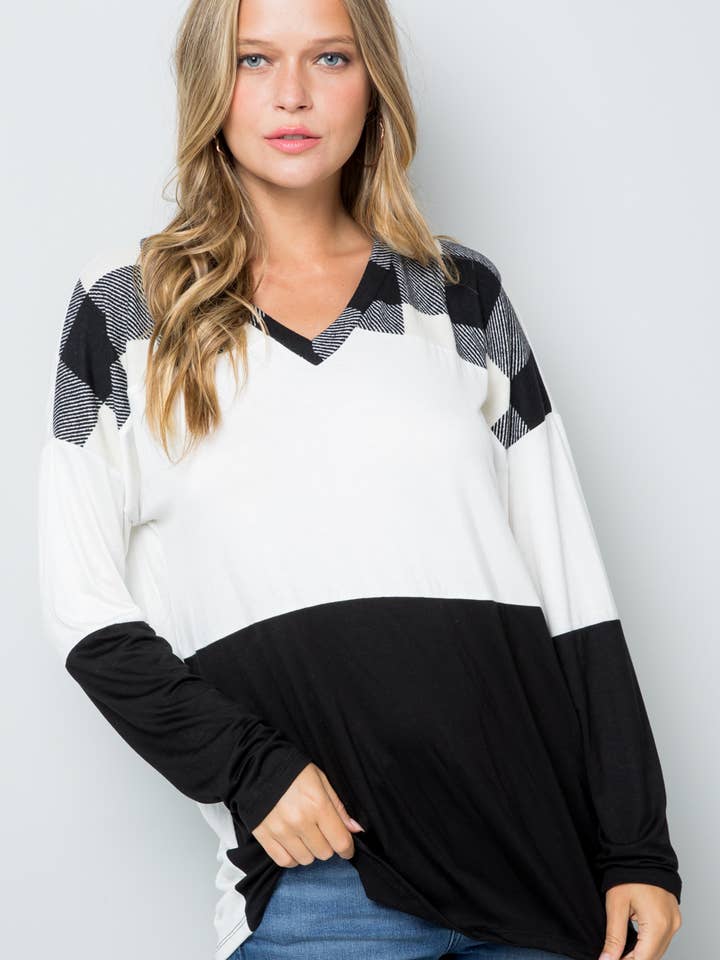 CT43654-PL -TOP INVERNALE A QUADRI A CONTRASTO- Taglie forti per la vendita all'ingrosso da parte di Celeste Clothing