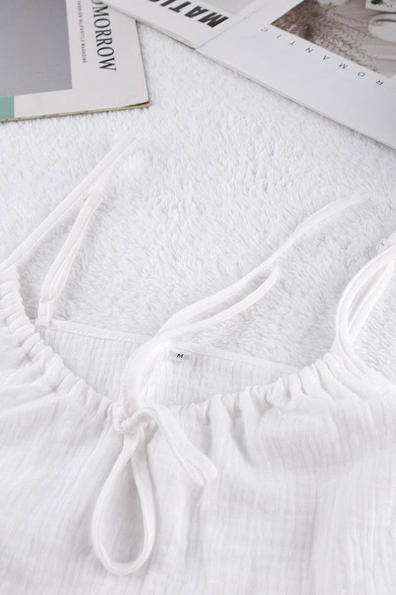 White CWSPJ0050_SOLID COLOR COTTON HALTER  SHORTS PAJAMA SET for wholesale on Faire5