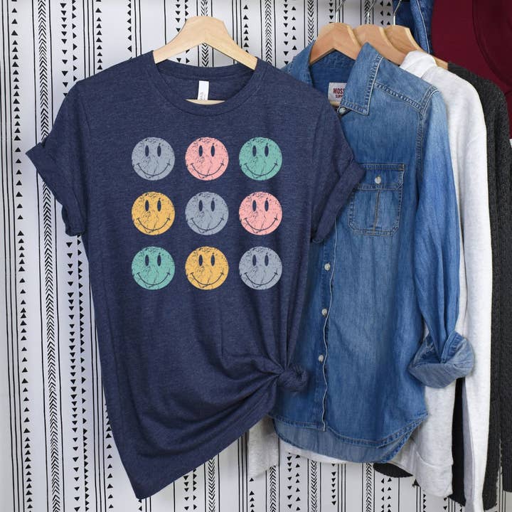 Distressed Happy Faces Navy Tee for wholesale by Simply Tees