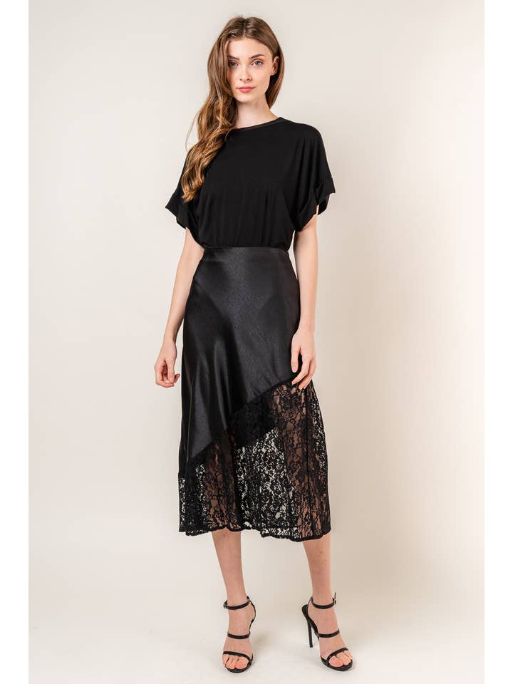 Black ASYMMETRICAL LACE BOTTOM MIDI SKIRT- SI4109FO for wholesale on Faire