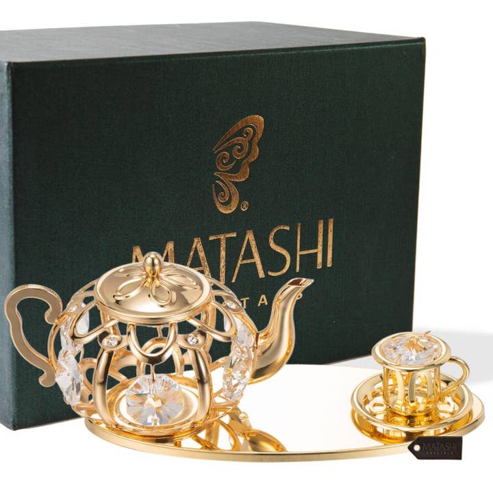 Matashi 24K GoldPlated Crystal Studded Gold Tea Set Ornament for wholesale by Matashi