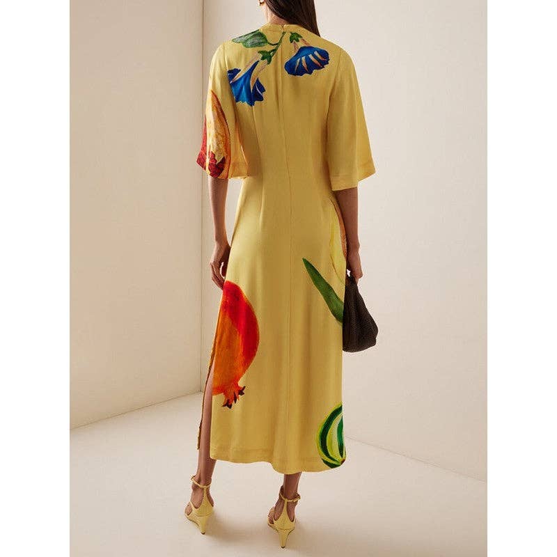Yellow Half Sleeve Dahlia Printed Crepe Midi Dresses for wholesale on Faire4
