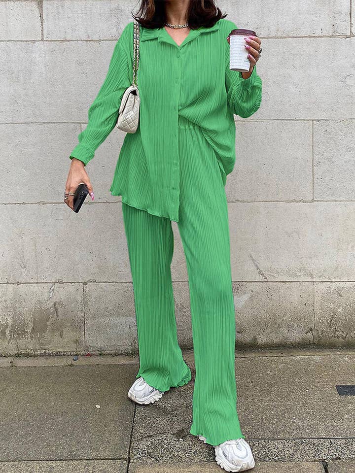 safistyle - Wholesale Top & Pant Set (NOT Loungewear) - Women's - Solid Button-Up Shirt and Wide-Leg Pants Set #26