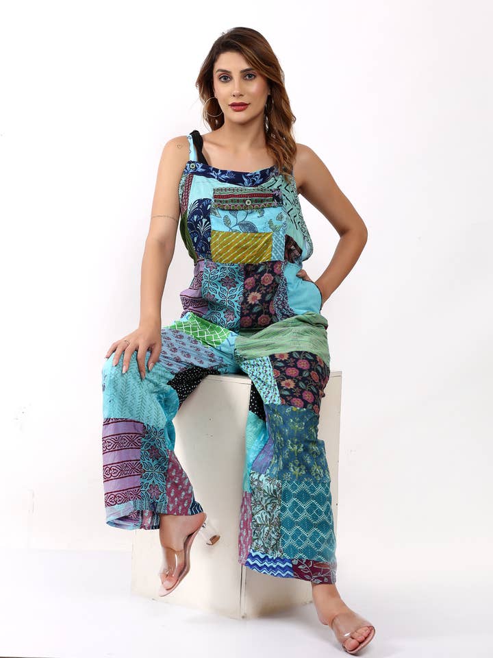 Wevez - Vente Combinaison – femme - Combinaison à jambes larges avec poches patchwork et motif floral pour femmes3