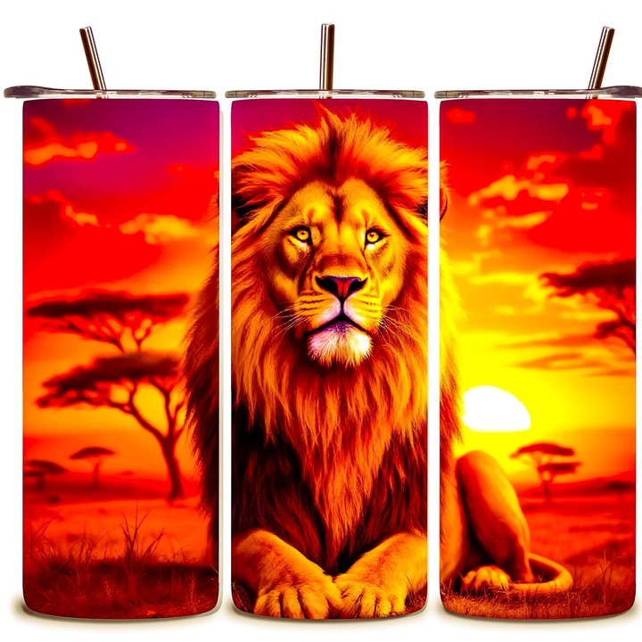 Gobelets en acier inoxydable de 20 oz Alpha Printing - Design de lion couché au coucher du soleil pour la vente par Alpha Wholesale