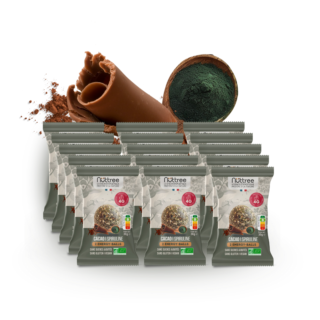 NÜTTREE – Engroshandel Snackbars – Økologiske energikugler med protein | Kaka0 og spirulina3